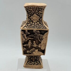 Vintage Chinese Style Resin Vase Faux Cinnabar Relief Carving Landscape Figures